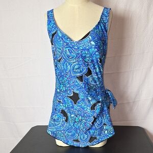 Maxine of Hollywood Blue Floral Scoop-Neck Swimsuit with Side Tie Size 12 NWOT